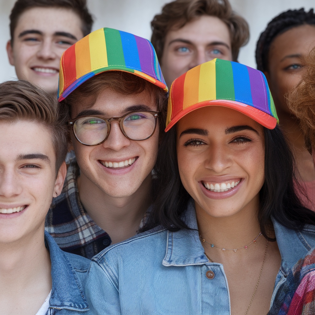A group of happy young people wearing rainbow pride baseball caps.