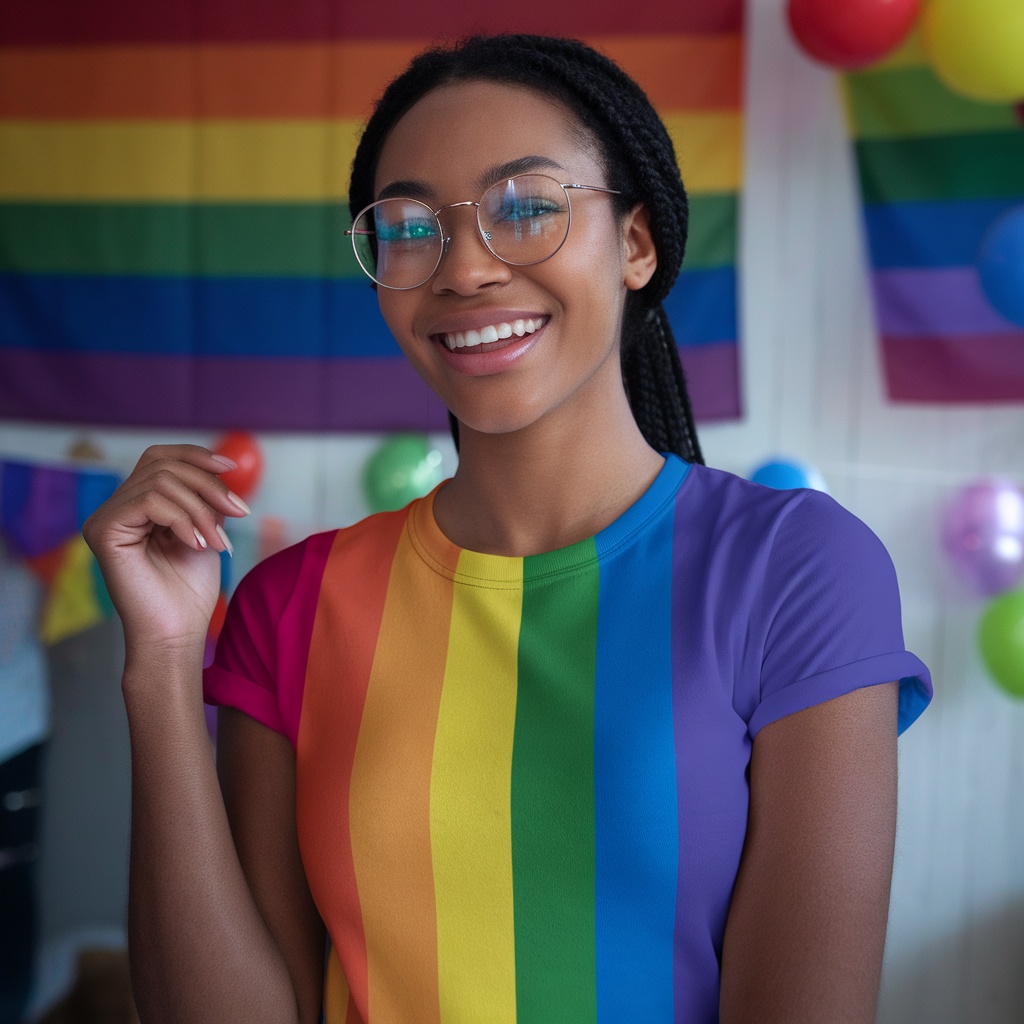 Person wearing a rainbow pride t-shirt with a cheerful smile