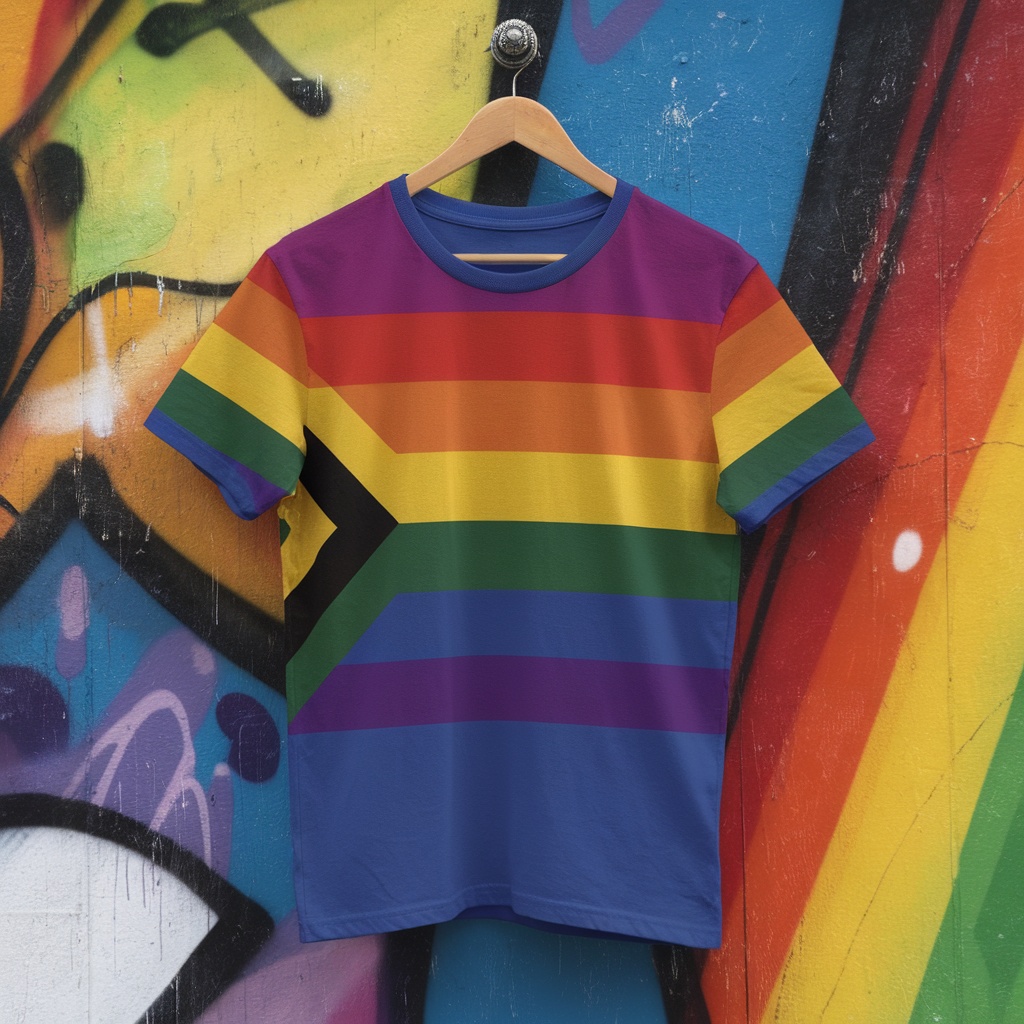 A rainbow pride t-shirt hanging on a wall with colorful graffiti.