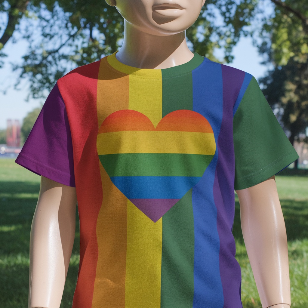 A mannequin wearing a rainbow pride t-shirt with a heart design.