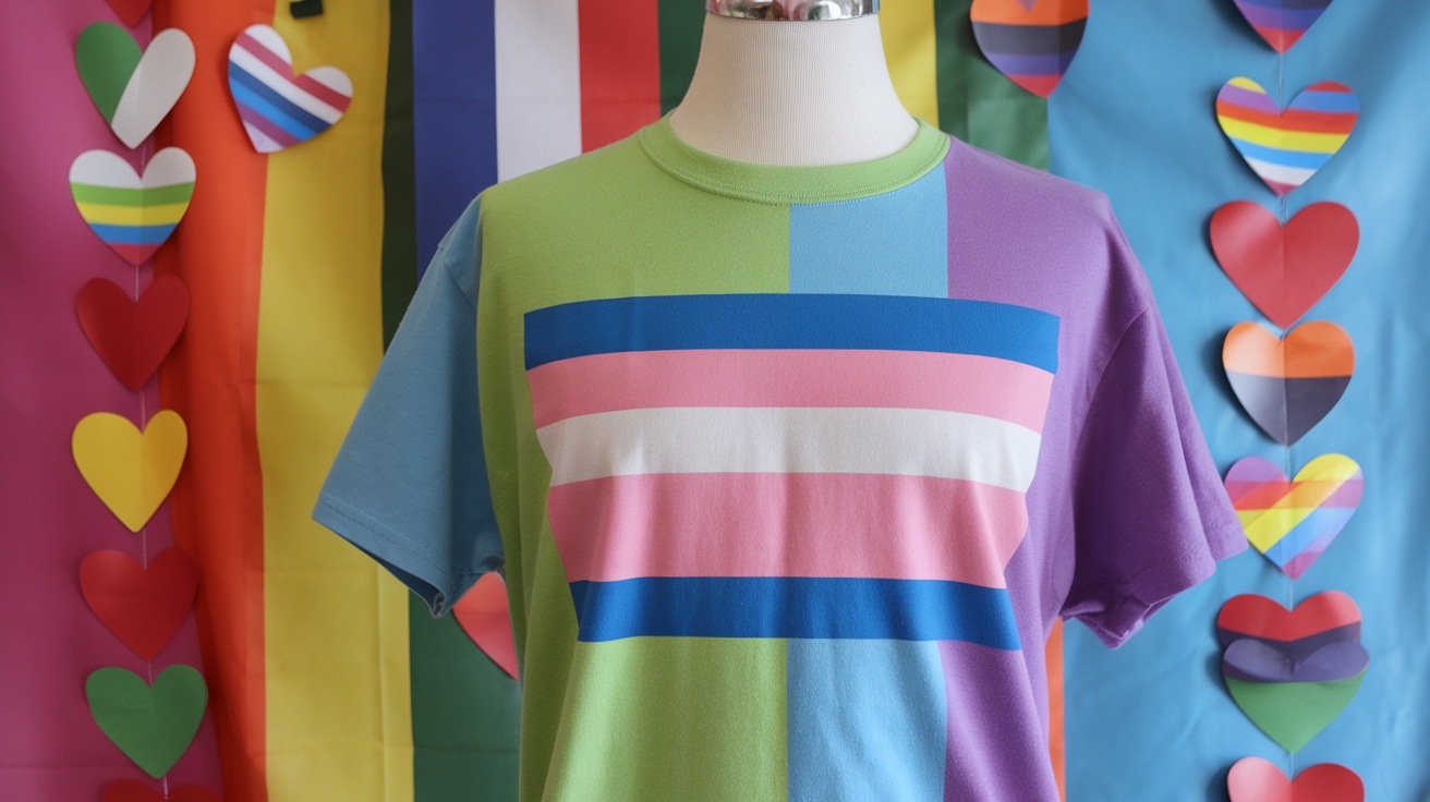 Trans Pride Flag T-Shirt displayed on a mannequin with a colorful background