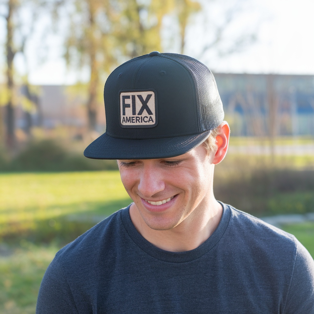 A man wearing a Fix America hat, smiling outdoors.
