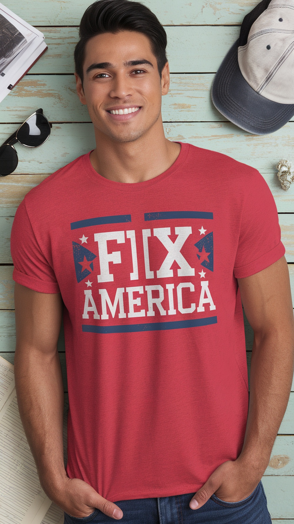 A man wearing a red 'Fix America' t-shirt, smiling and posing confidently.