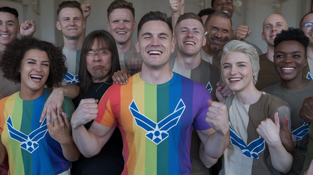 Group of people wearing Gay Pride Air Force t-shirts and smiling.