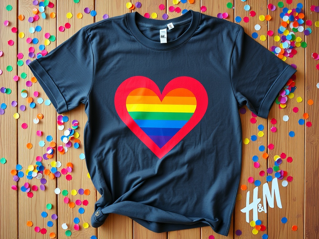 H&M Pride T-Shirt with rainbow heart design on a wooden surface surrounded by colorful confetti