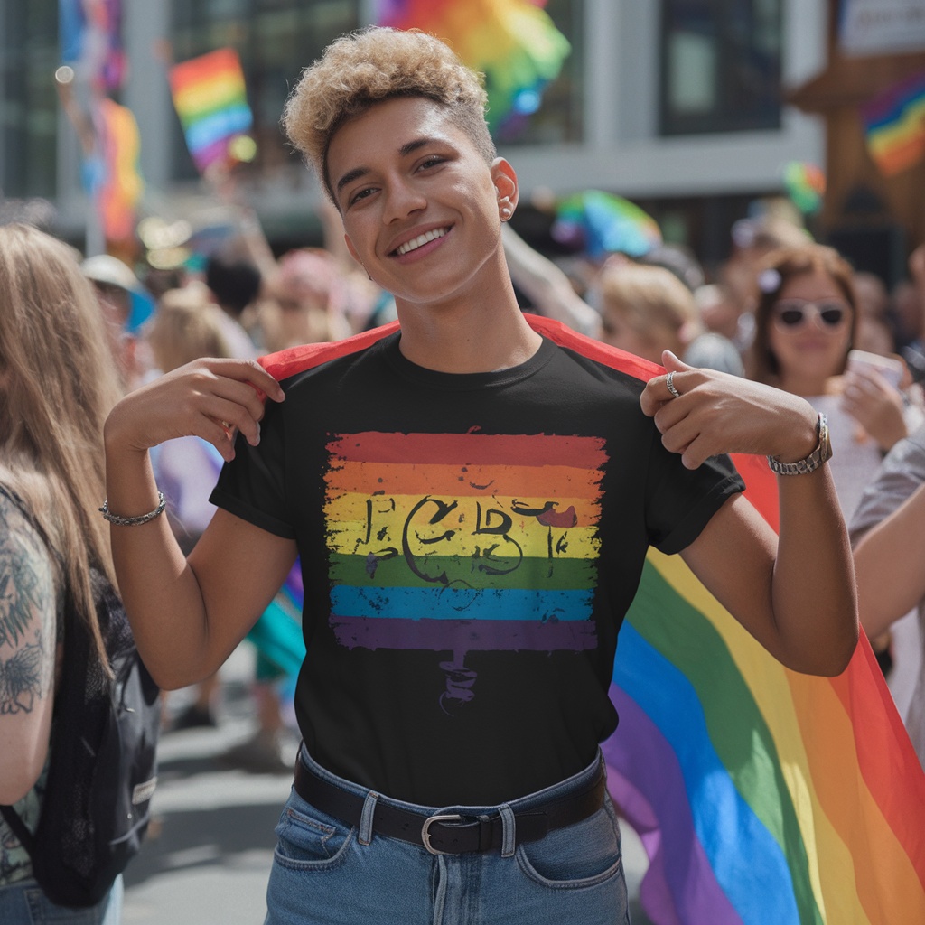 A person wearing an LGBT pride graphic tee, smiling and celebrating at a pride event.