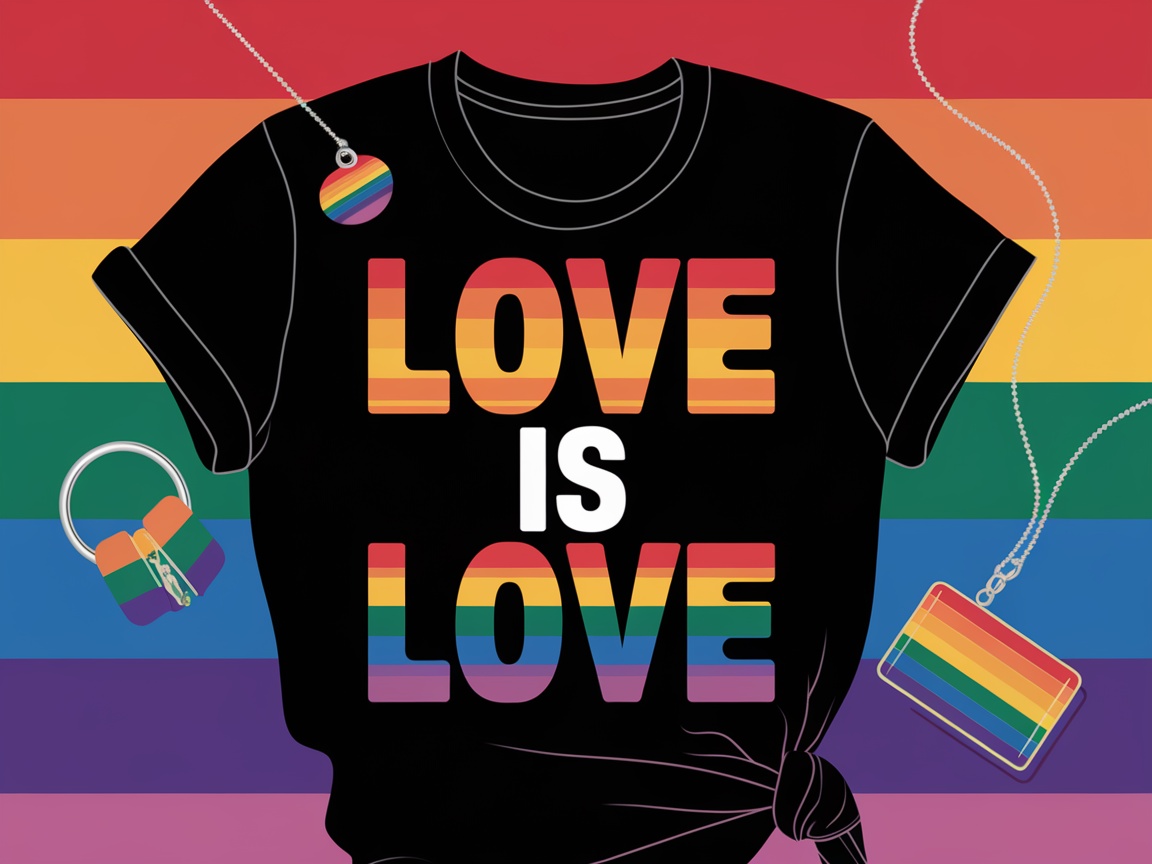 A man lying on a rainbow flag, showing off a 'Love Is Love' graphic tee.