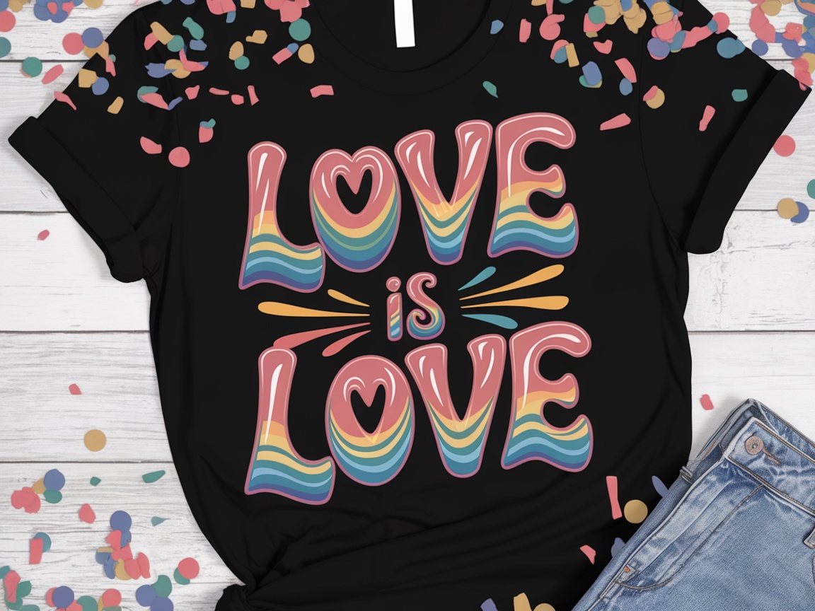 A person wearing a 'Love Is Love' graphic tee featuring rainbow colors.