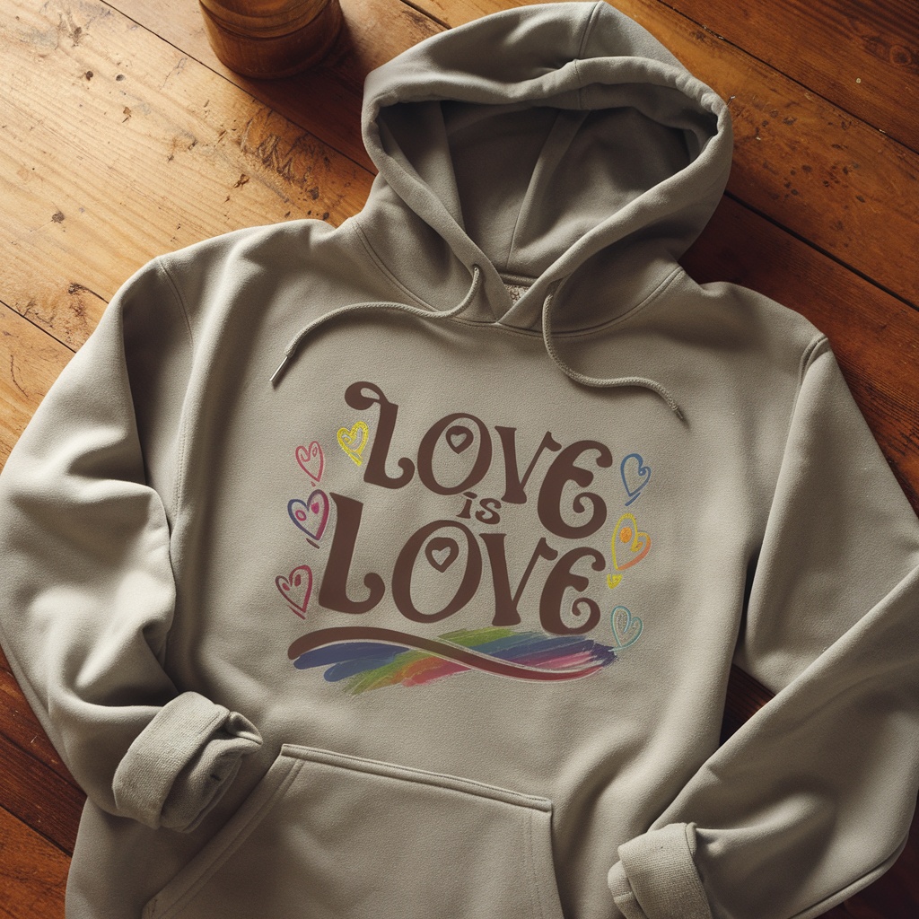 Love Is Love Hoodie featuring colorful hearts and a rainbow design