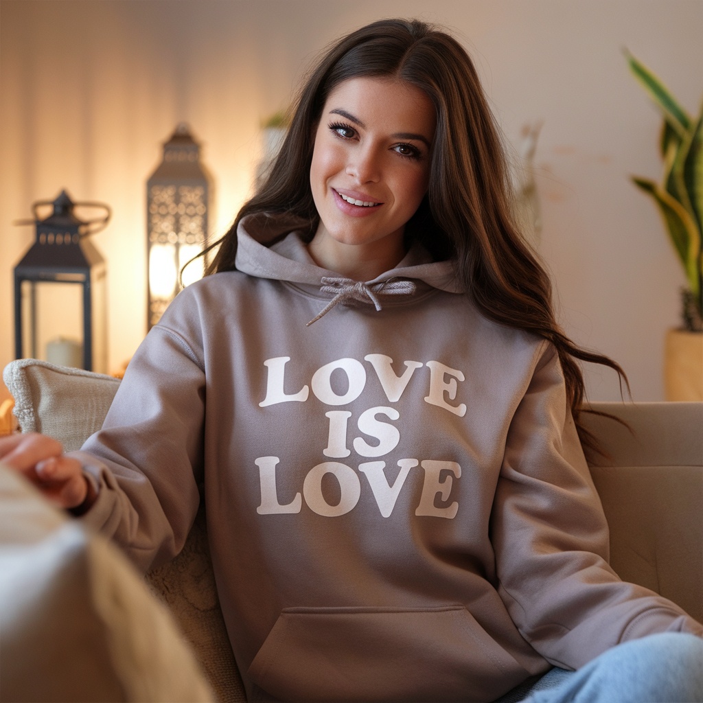 A woman wearing a 'Love Is Love' hoodie, smiling and showing support for LGBTQ+ pride.