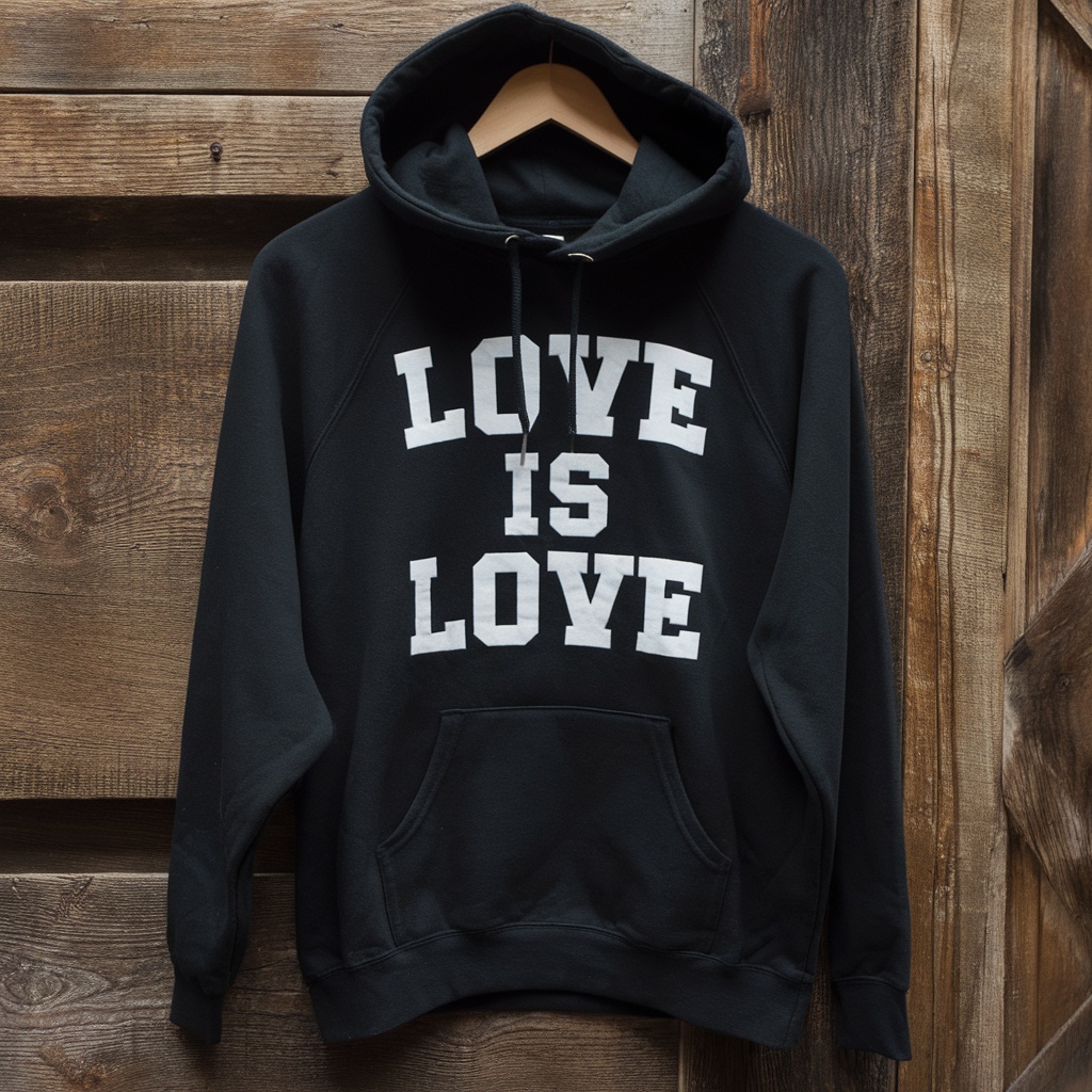 Black hoodie with 'LOVE IS LOVE' printed in white