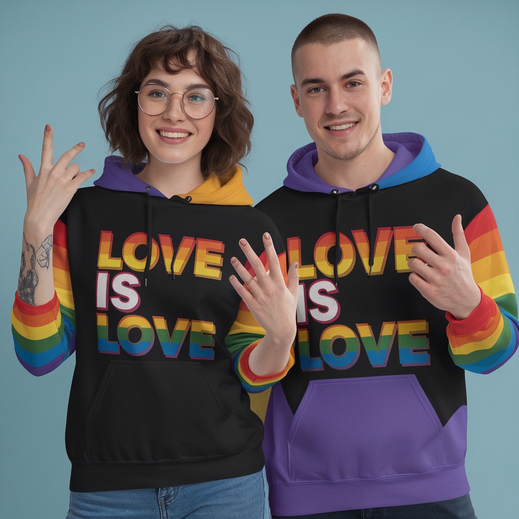 Two people wearing colorful Love Is Love hoodies, showcasing pride and unity.