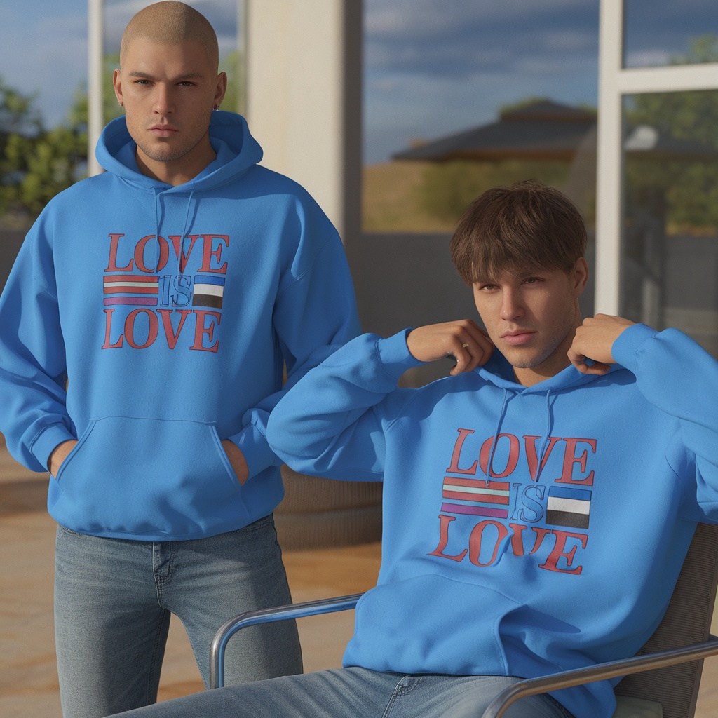 Two models wearing a blue hoodie that says 'Love Is Love'.