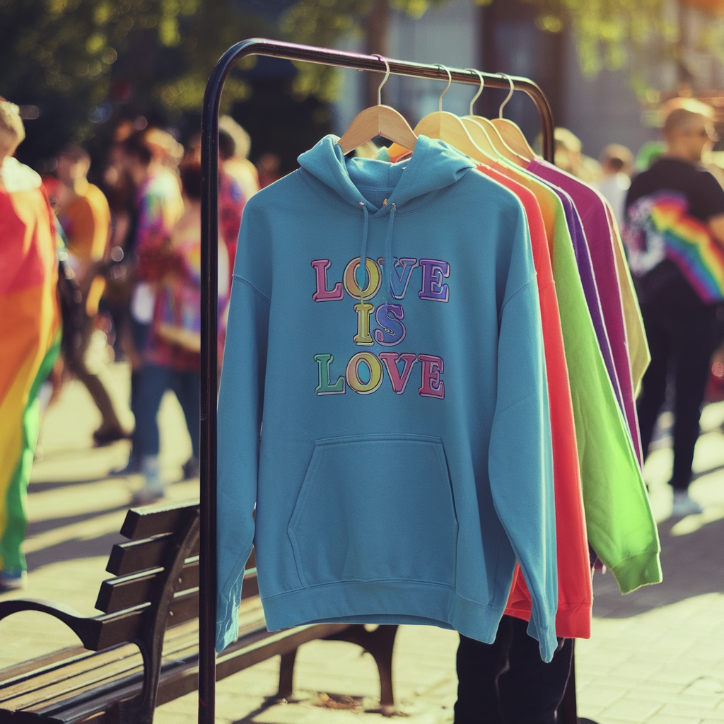A blue hoodie with 'LOVE IS LOVE' printed on it, displayed among other colorful hoodies at a pride event.