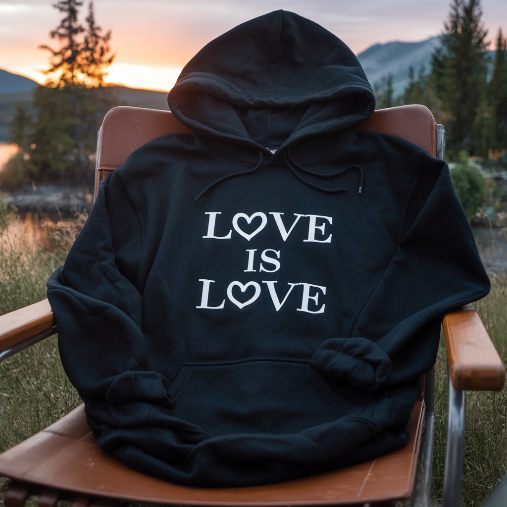 A black hoodie with the phrase 'LOVE IS LOVE' printed on it, set against a natural background.