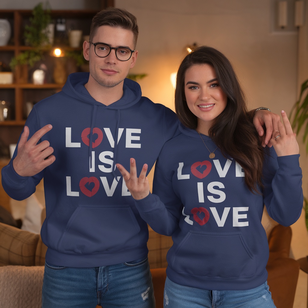 Two people wearing matching hoodies with 'Love Is Love' text