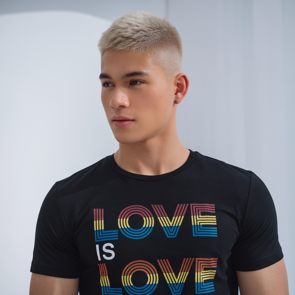 A model wearing a black t-shirt with the text 'Love Is Love' in colorful letters.