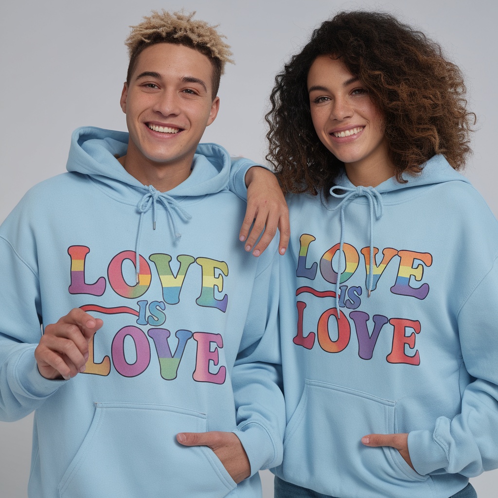 Two individuals smiling while wearing matching blue hoodies with the text 'Love is Love' in colorful letters