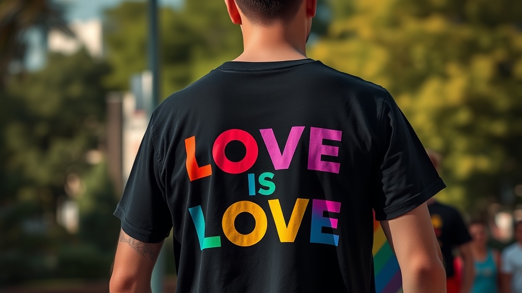 A person wearing a black t-shirt with the text 'LOVE IS LOVE' in colorful letters.