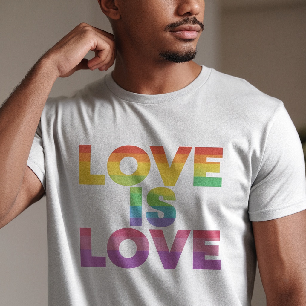 A man wearing a 'Love Is Love' pride t-shirt, showcasing vibrant rainbow lettering.