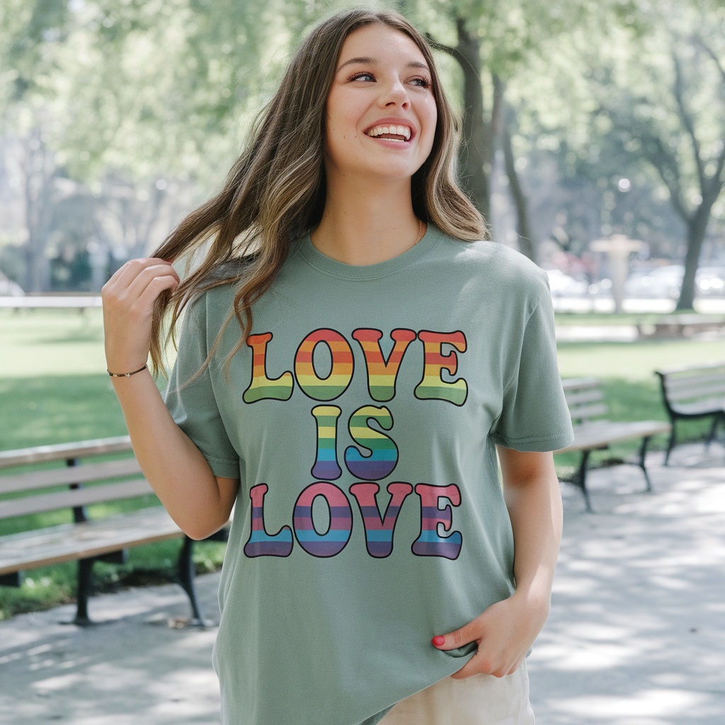 Model wearing Love Is Love Pride Tee outdoors