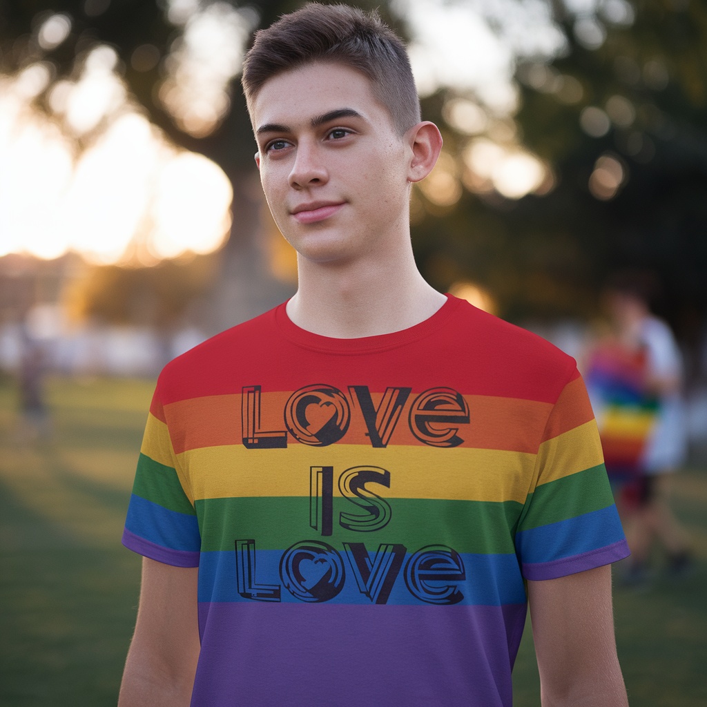 A young person wearing a rainbow striped t-shirt that says 'Love Is Love'.