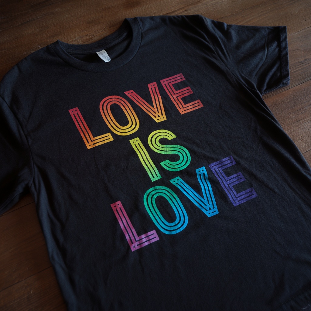 A black t-shirt featuring the words 'Love Is Love' in rainbow colors.