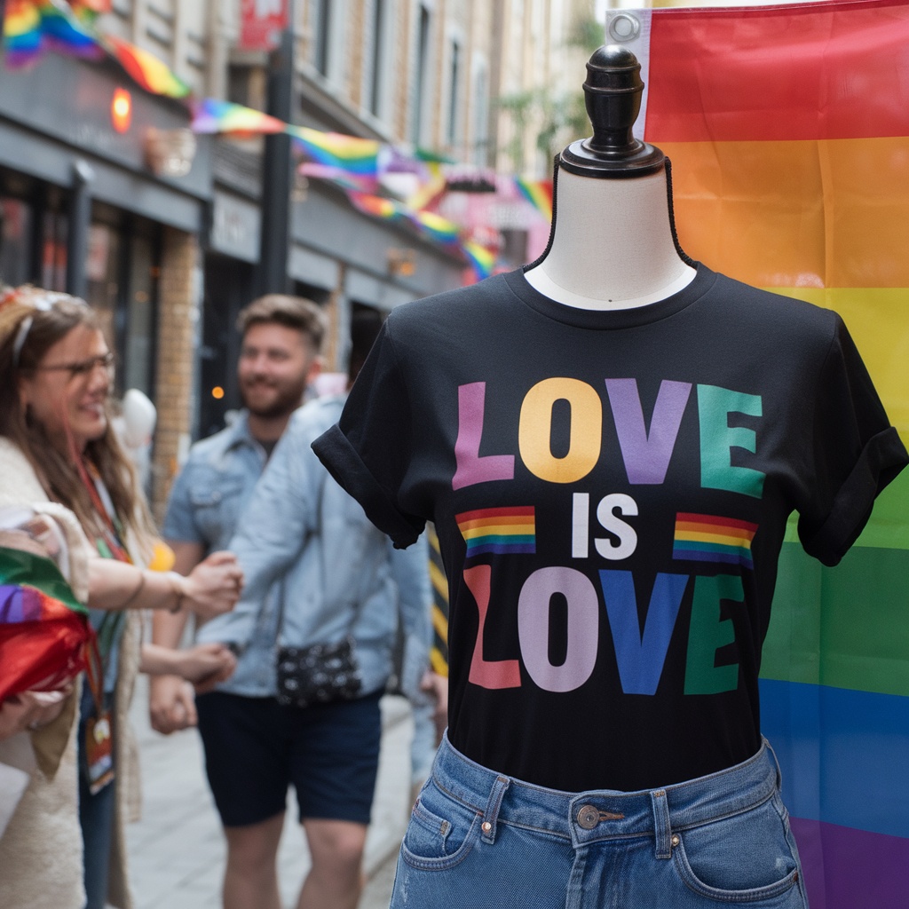A mannequin wearing a black 'Love Is Love' t-shirt on a street decorated with rainbow flags.