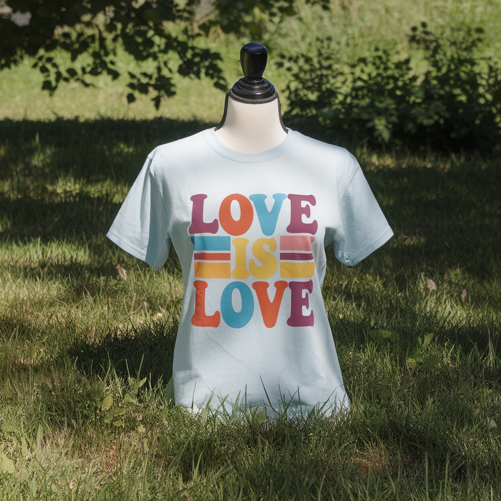 Light blue t-shirt with colorful text that says 'Love Is Love'.
