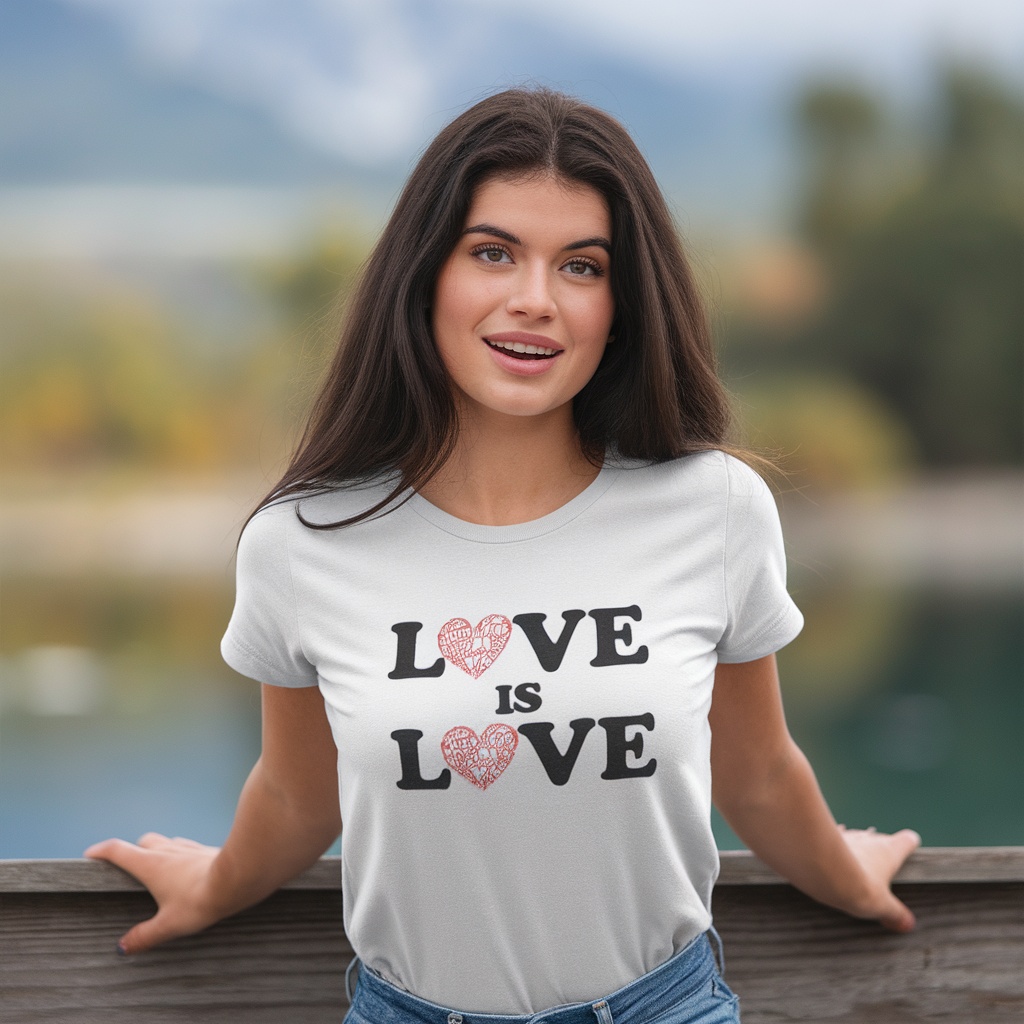 A woman wearing a Love Is Love t-shirt, smiling outdoors.