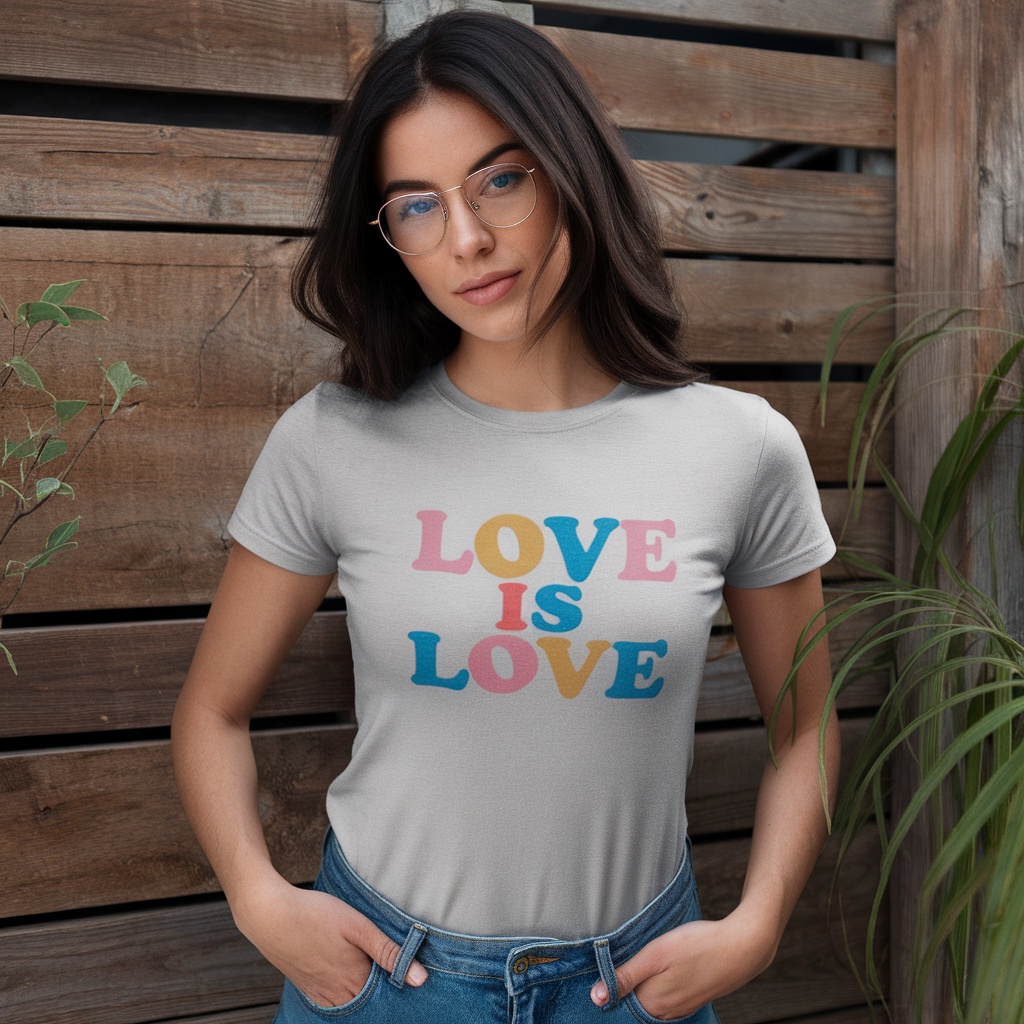A young woman wearing a 'Love Is Love' t-shirt, standing in front of a wooden wall.