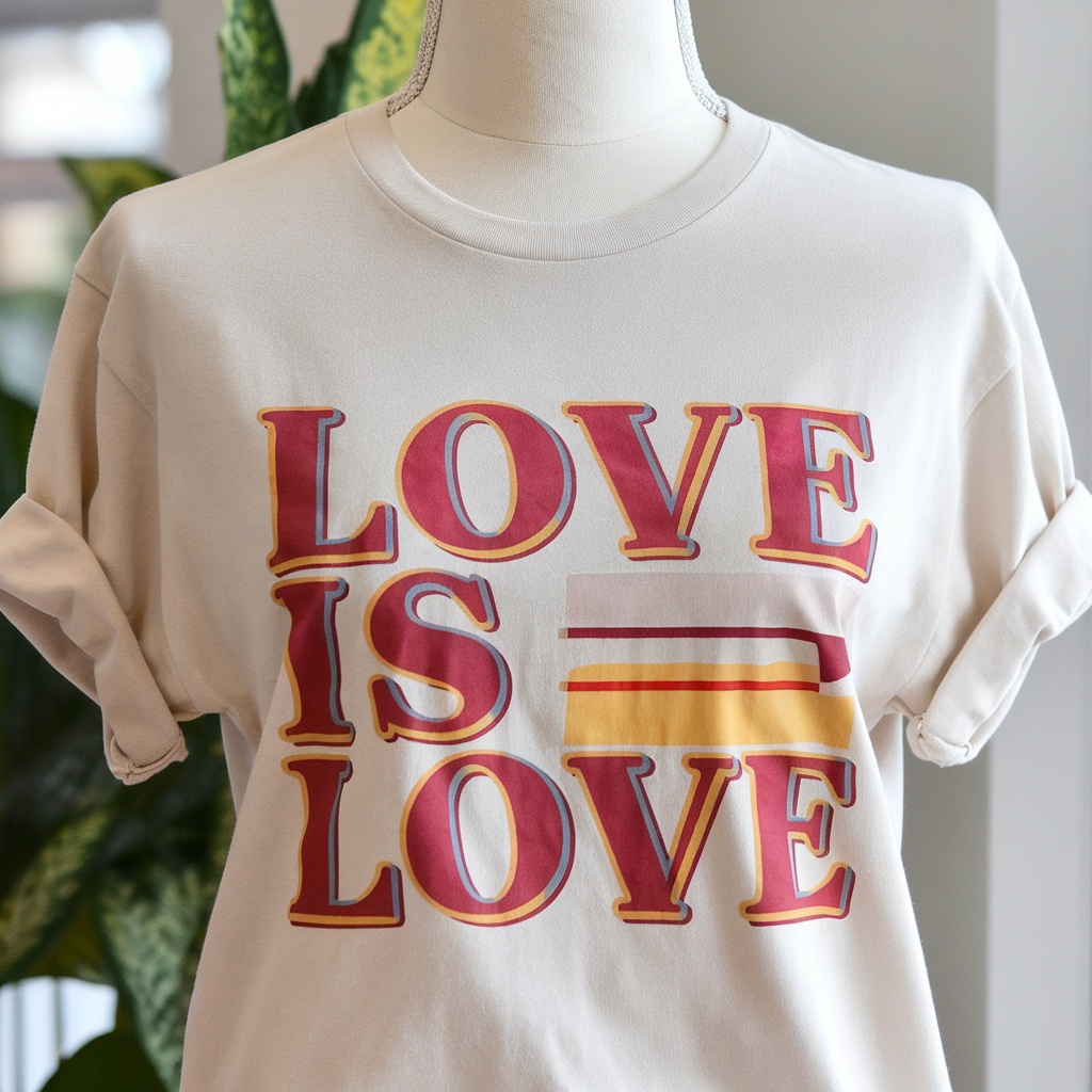A Love Is Love t-shirt displayed on a mannequin.