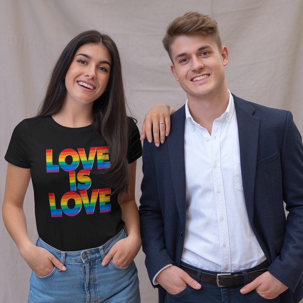 Two models wearing a Love Is Love T-Shirt, showcasing vibrant colors and a positive message.