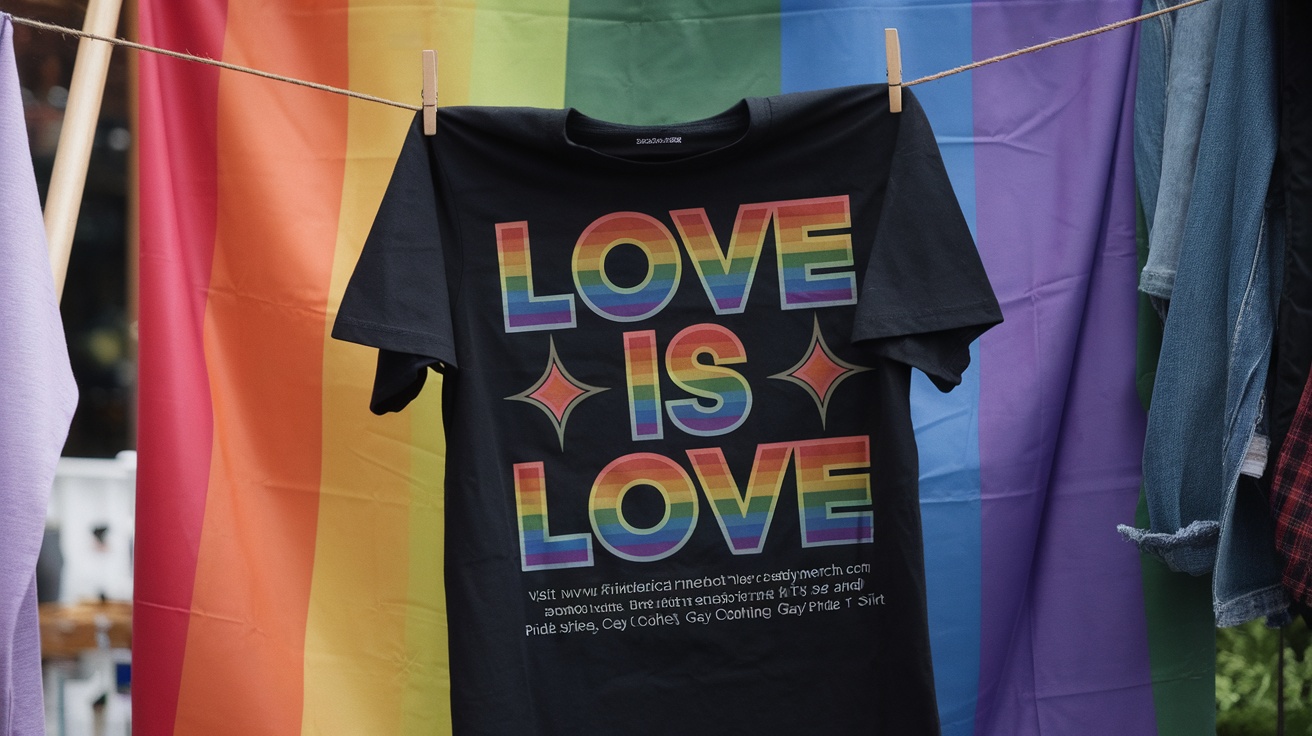Black t-shirt hanging on a clothesline with 'Love Is Love' text in rainbow colors