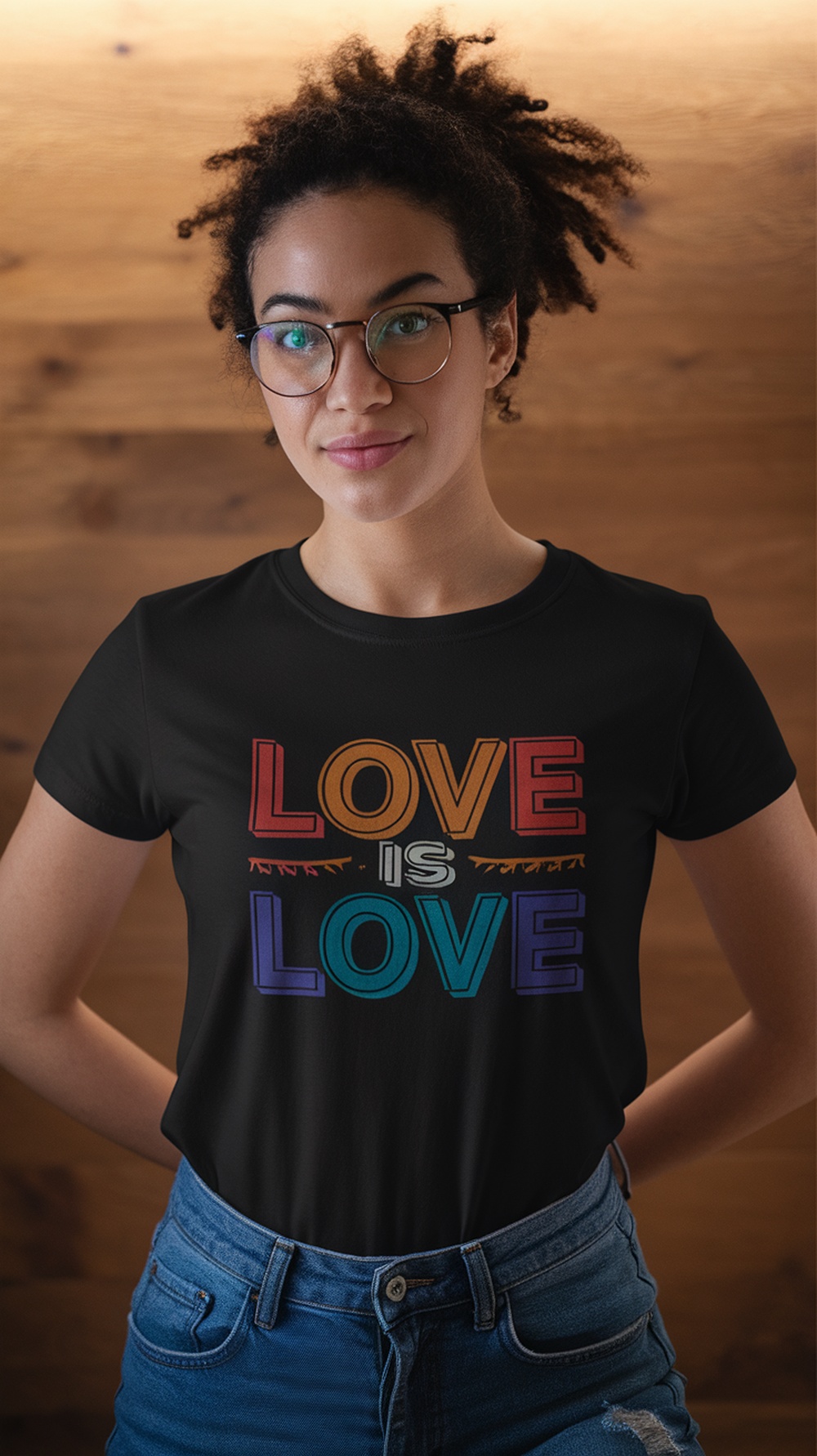 A person wearing a Love Is Love t-shirt