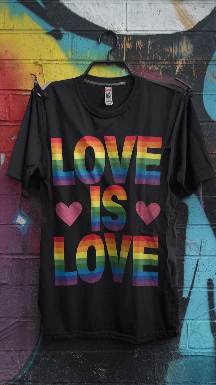 A model wearing a black t-shirt with the text 'Love Is Love' in rainbow colors.