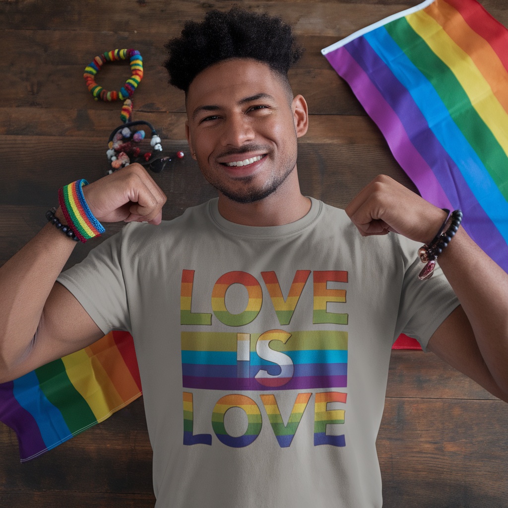 A man wearing a Love Is Love t-shirt with pride accessories.