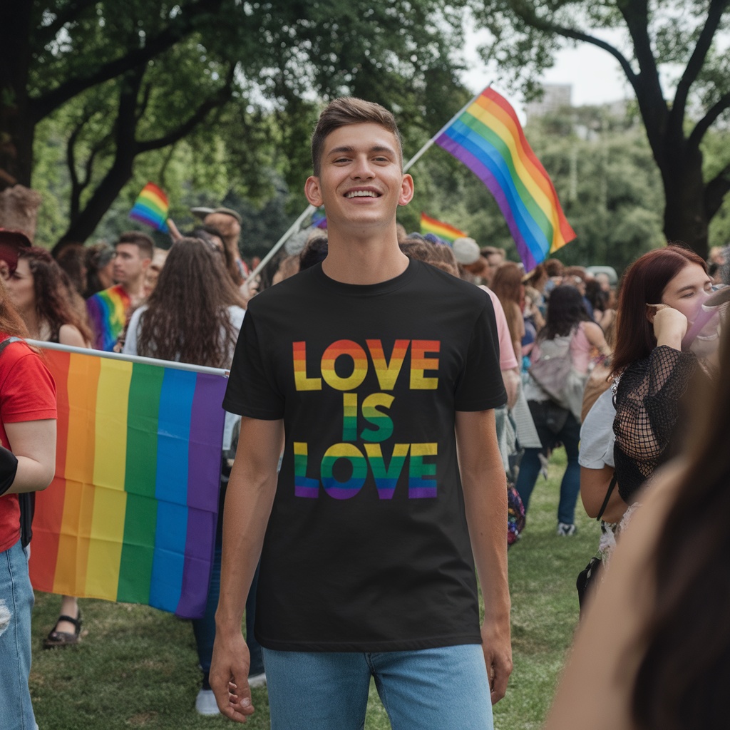 A young man in a black t-shirt that says 'Love Is Love' surrounded by a crowd at a pride event.