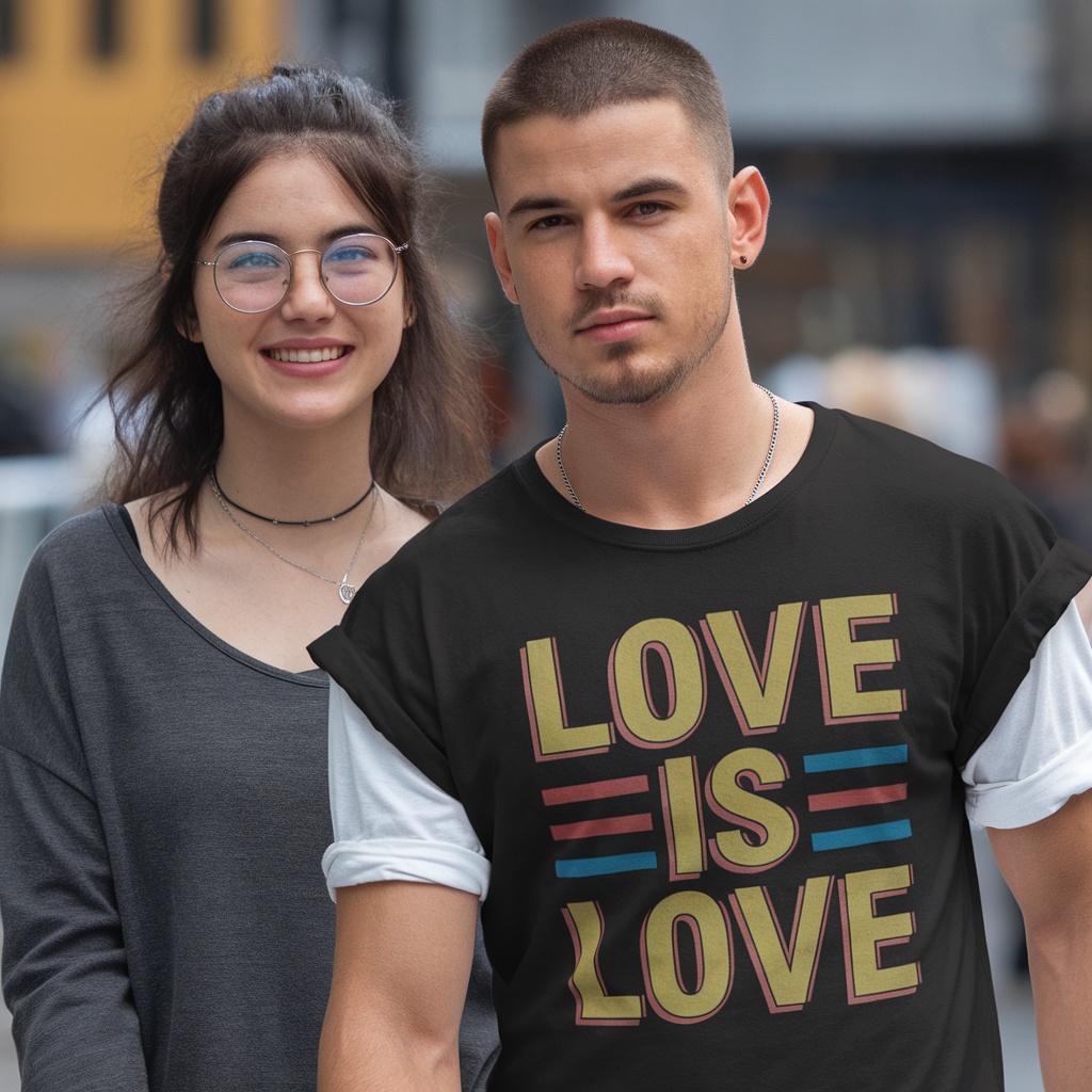A young couple wearing matching trendy shirts, one featuring the phrase 'Love Is Love'.