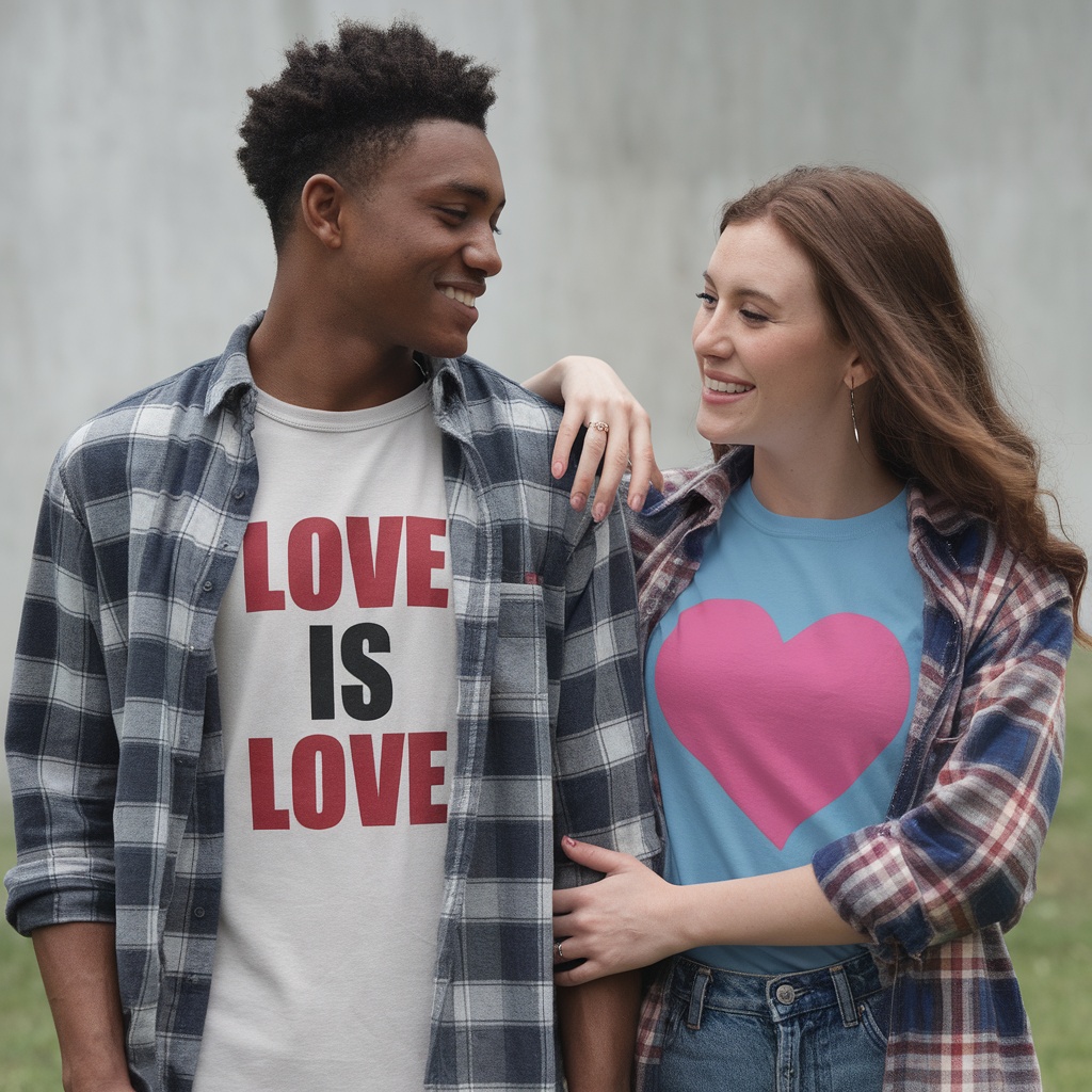 A man and woman smiling at each other, showcasing a 'Love Is Love' t-shirt and a heart-themed t-shirt.