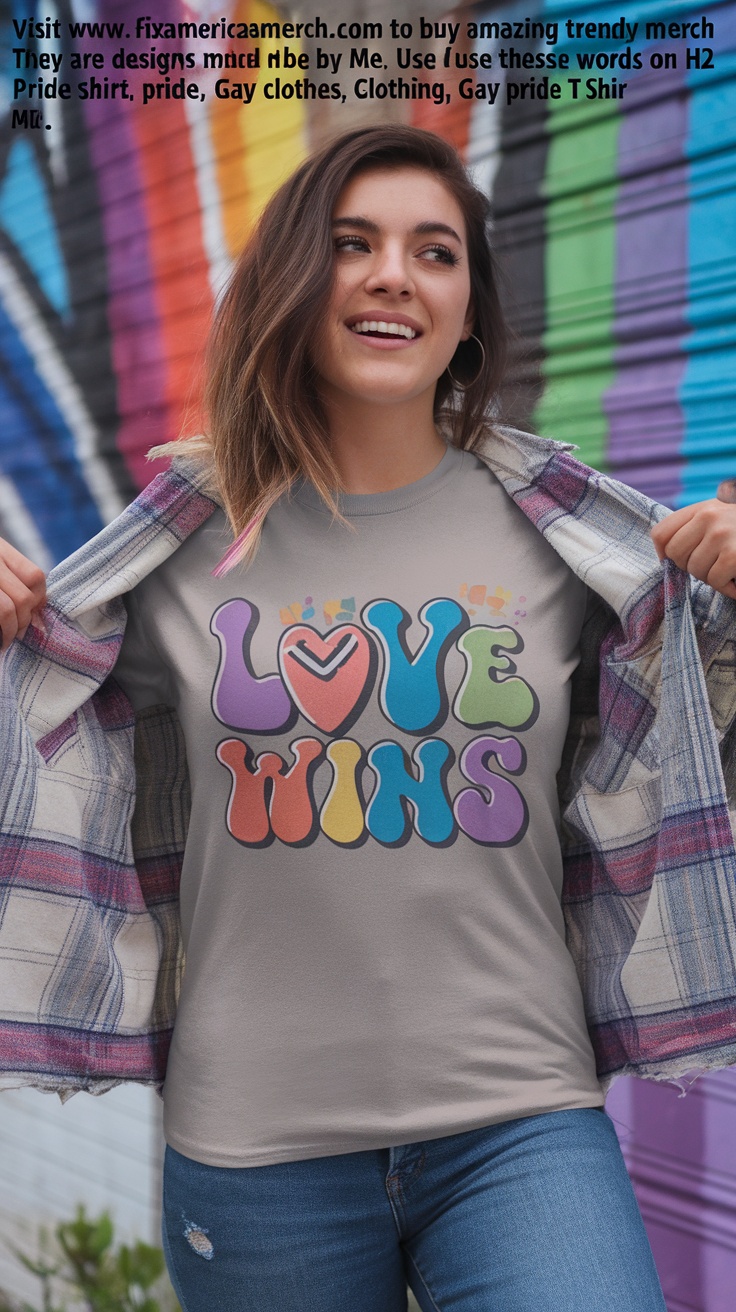 A person wearing a Love Wins T-Shirt with colorful graphics.
