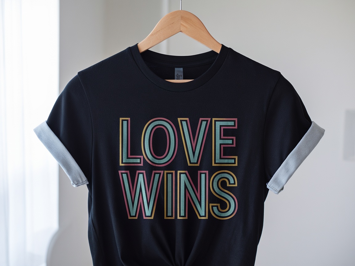 Love Wins T-Shirt designs displayed on hangers