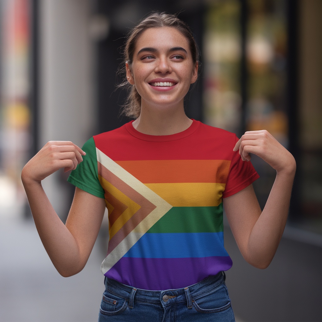 A person wearing a colorful pride graphic tee, smiling and showcasing the design.