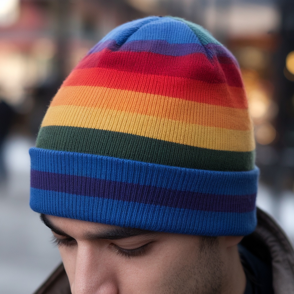 A colorful Pride Rainbow Beanie with stripes in vibrant colors.