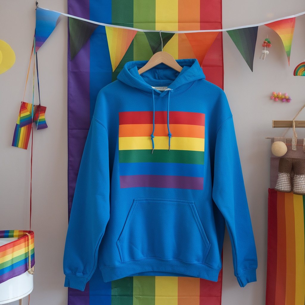 A colorful Pride Rainbow Flag hoodie hanging on a wall with rainbow decorations.
