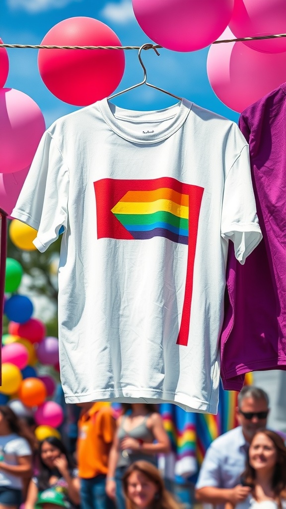 A Pride Rainbow Flag T-Shirt displayed among colorful balloons