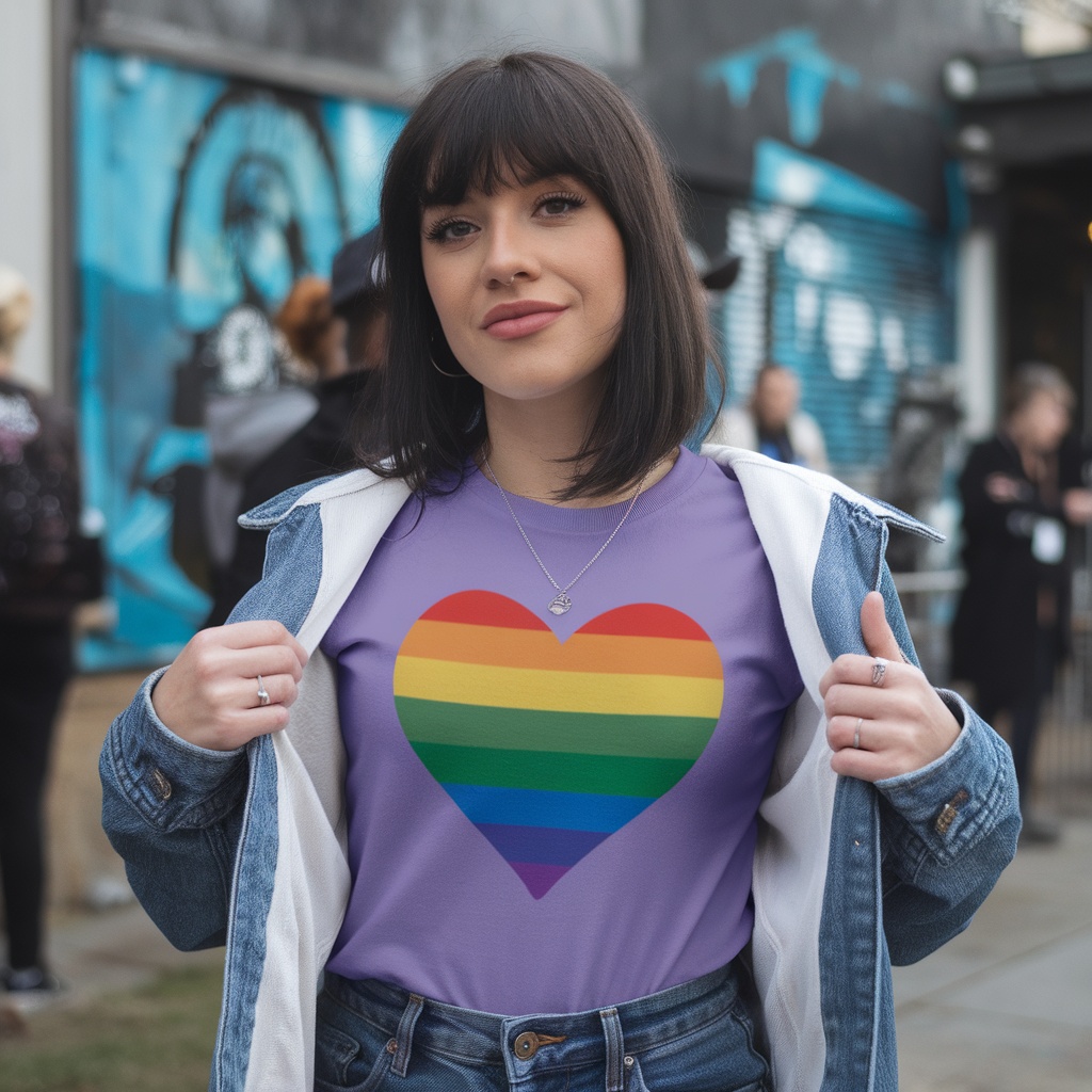 A young person wearing a Pride Rainbow Heart T-Shirt, smiling confidently.