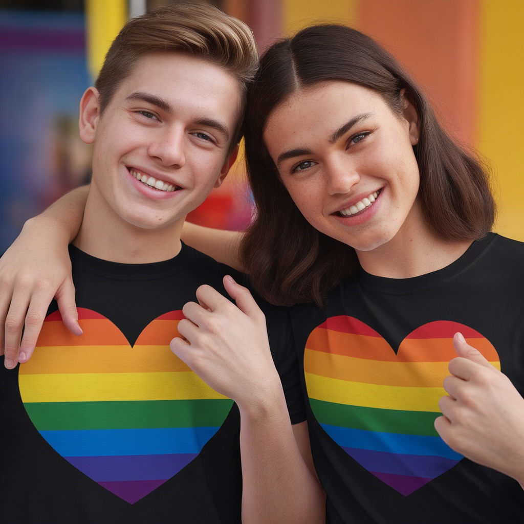 Two friends wearing Pride Rainbow Heart Tees, smiling and showing support for LGBTQ+.