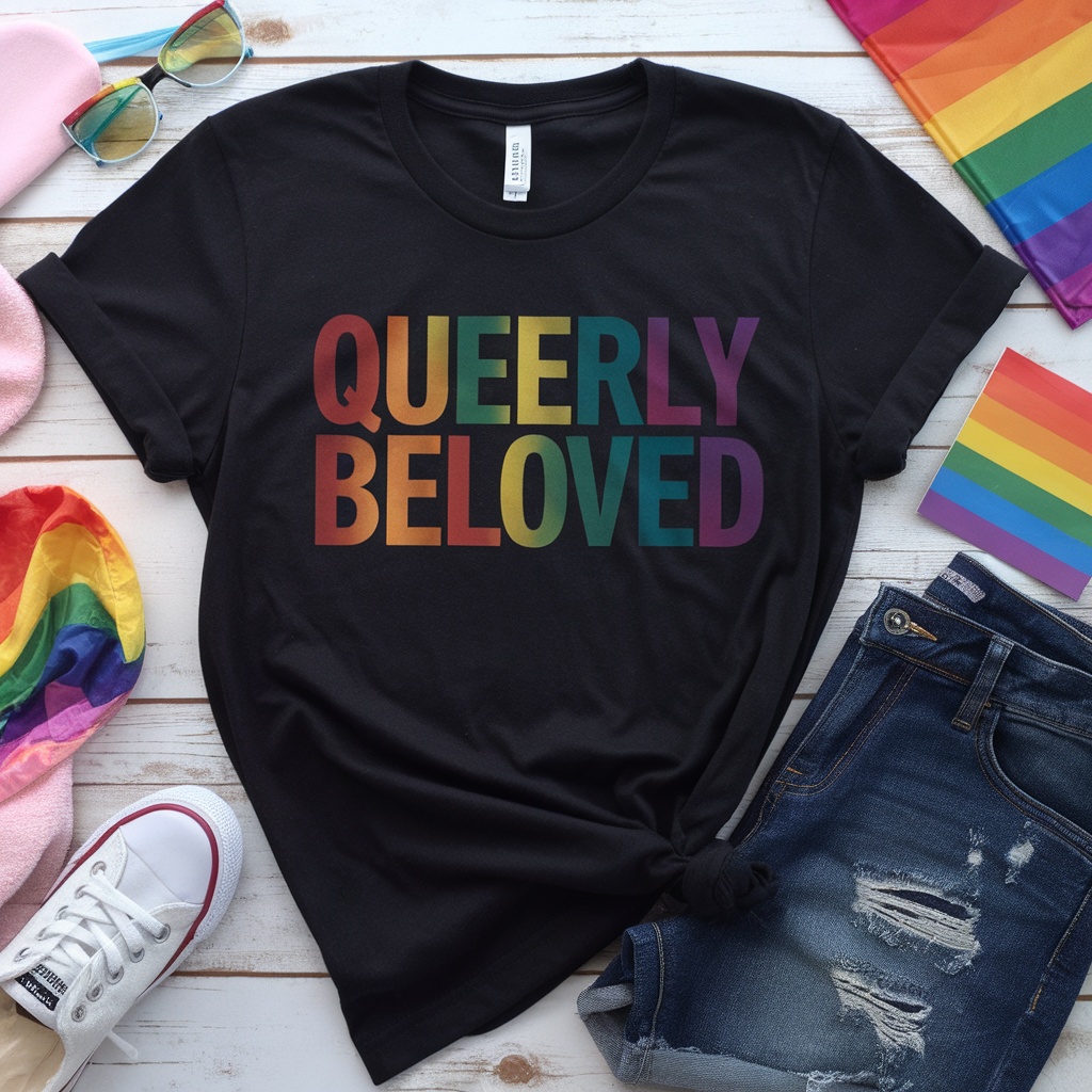 A black t-shirt with the words 'QUEERLY BELOVED' in colorful letters, surrounded by rainbow accessories.