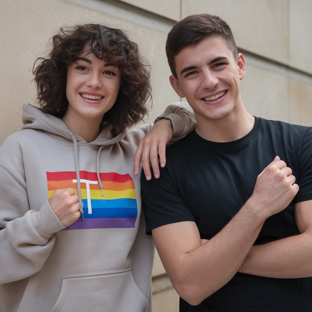 Two young adults smiling while wearing a Trans Pride Flag hoodie and a black t-shirt.